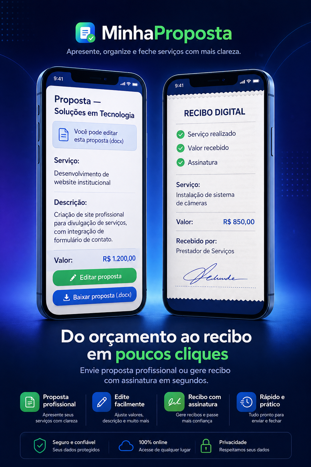 Exemplo de proposta profissional e recibo digital no MinhaProposta
